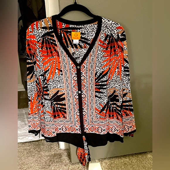 Ruby Red Women's Tropical Palm Animal Print VNeck Button Up Top Front Tie Sz L - Picture 2 of 4